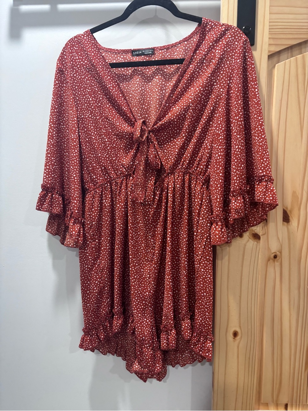 SHEIN Rust Red Polka Dot Tie-Front Tunic with triangle cut